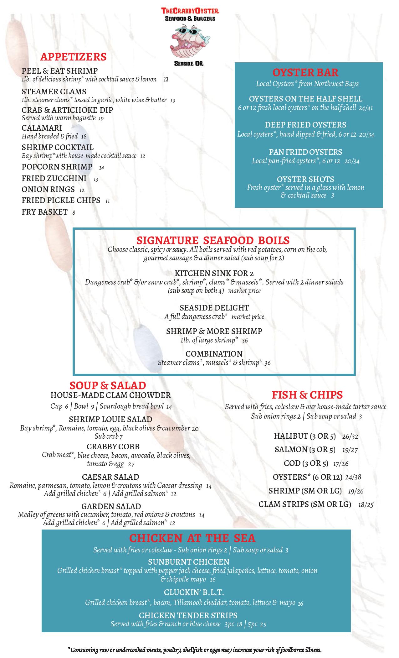 The Crabby Oyster Menu Page 1